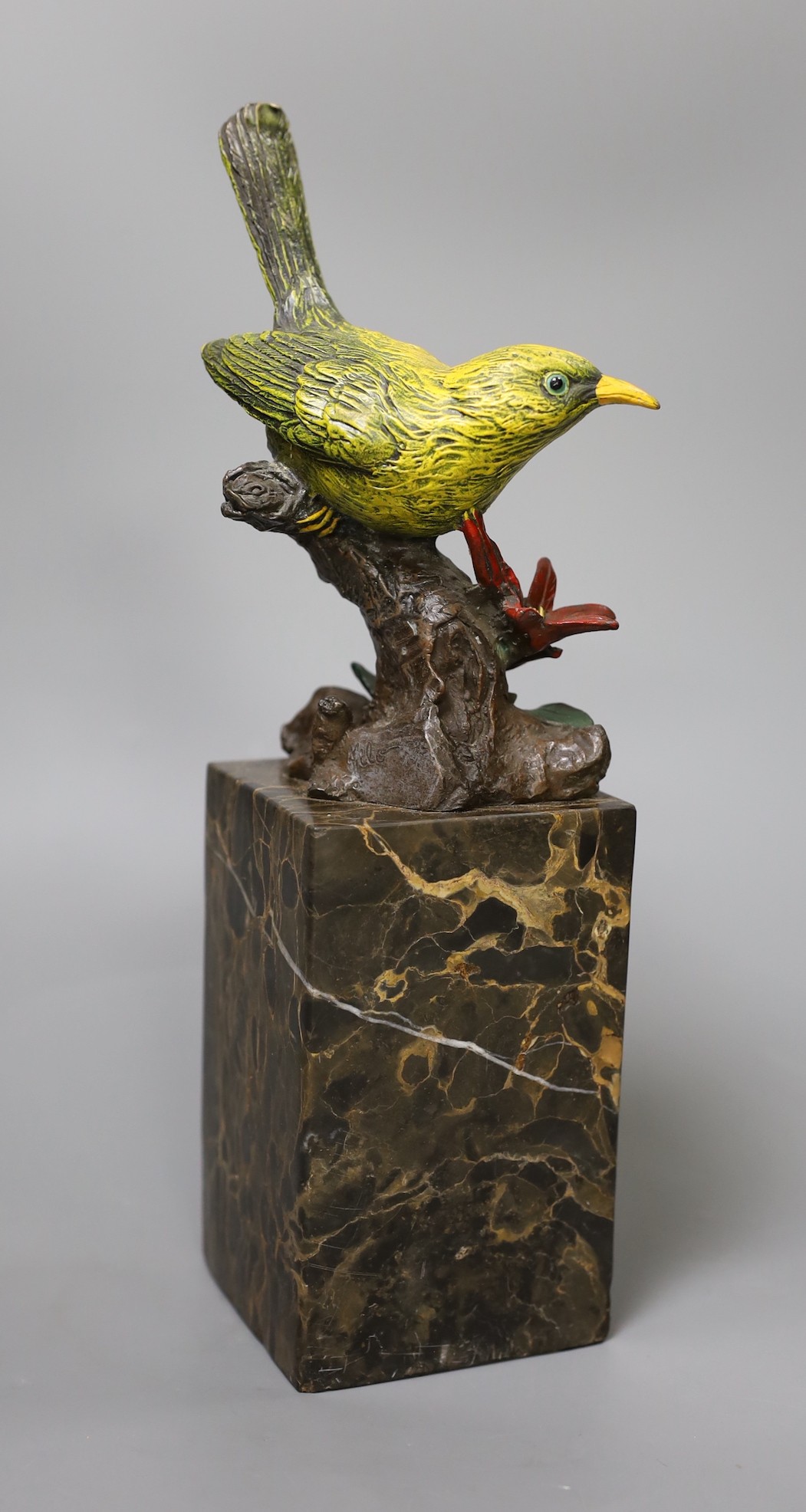 Miguel Ferdinand Lopez (Milo), a 20th century cold painted bronze model of a yellow bird, on later marble base, 29cm